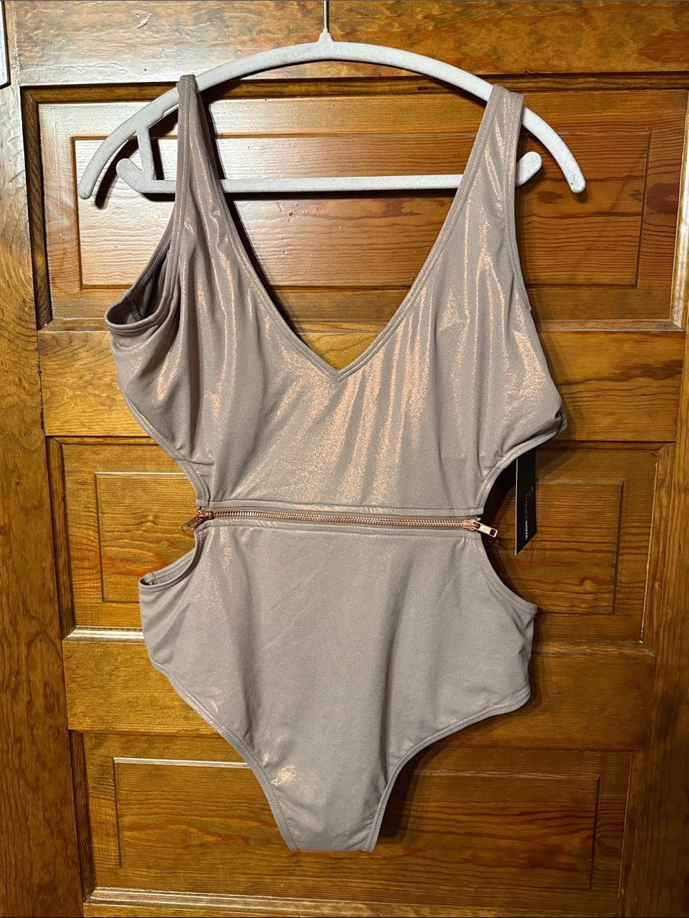 Fashion Nova Shimmery Taupe One-Piece with Front Zip